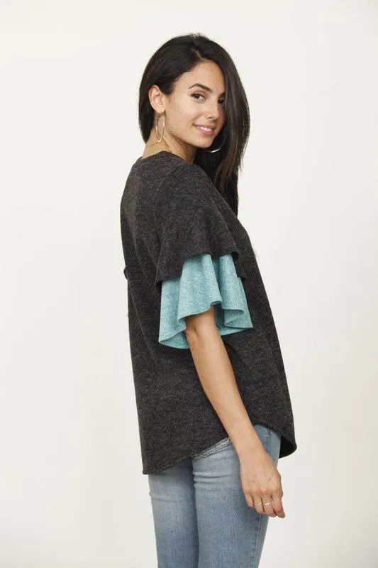 Pink Color Block Sleeve Ruffle Knit Top