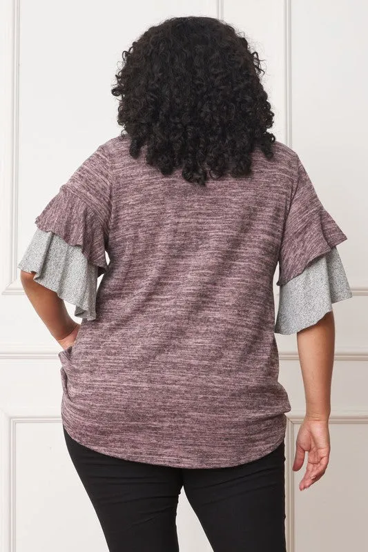 Pink Color Block Sleeve Ruffle Knit Top