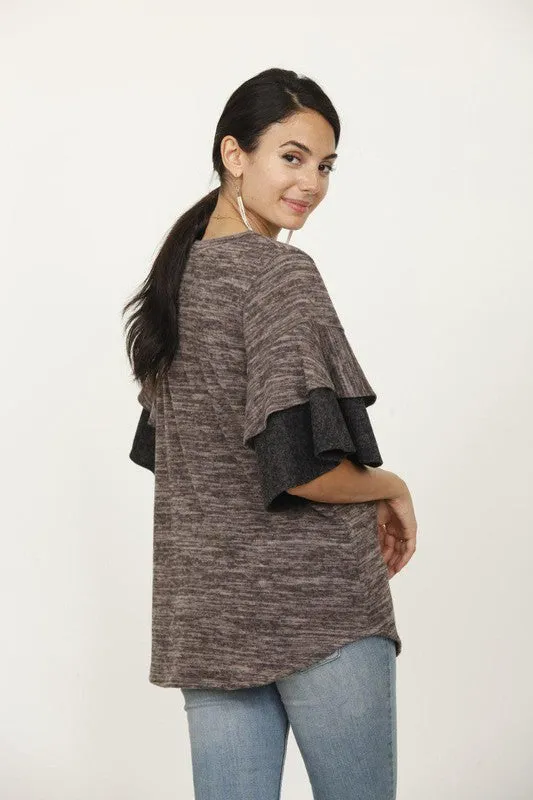 Pink Color Block Sleeve Ruffle Knit Top