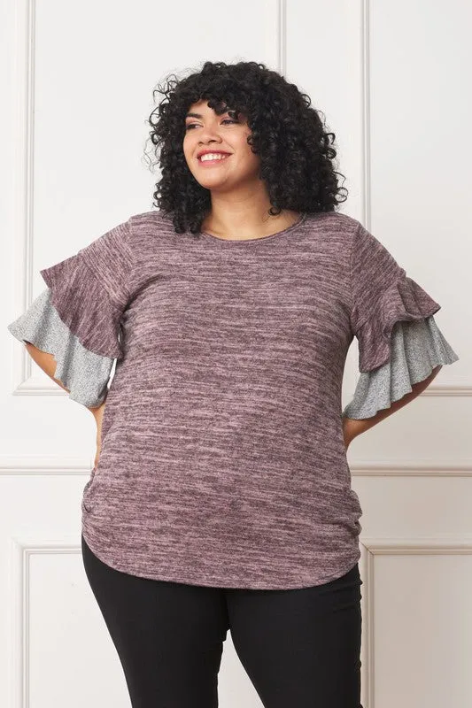Pink Color Block Sleeve Ruffle Knit Top
