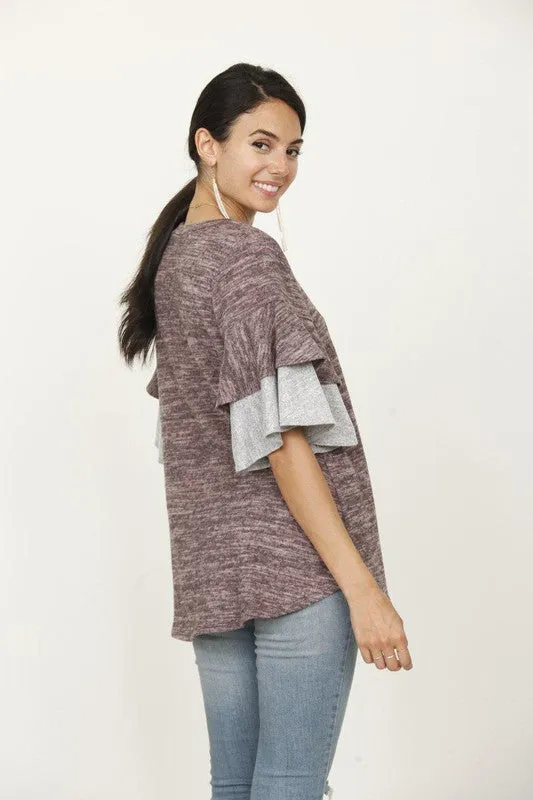 Pink Color Block Sleeve Ruffle Knit Top