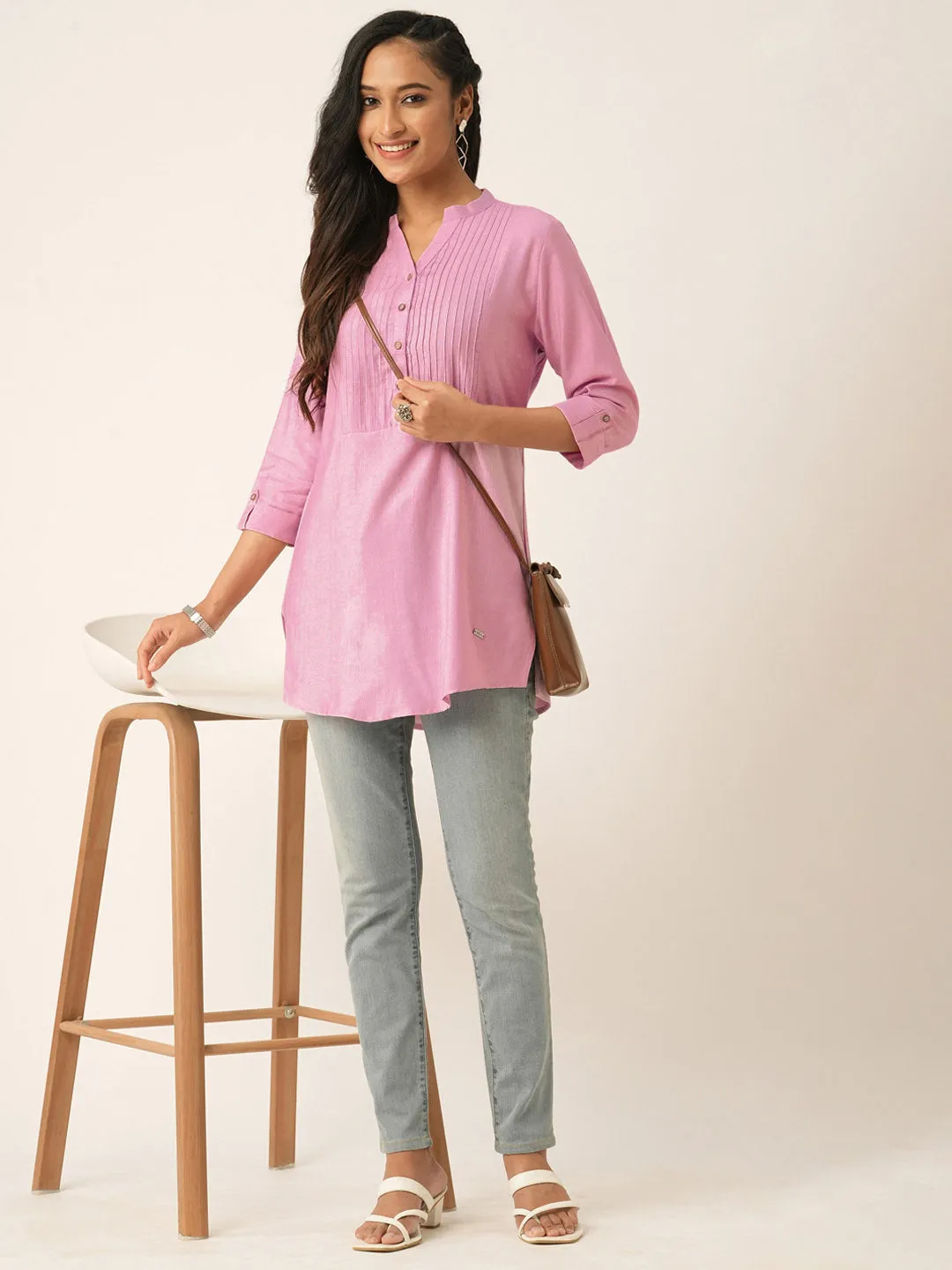 Pink Comfort Fit Rayon Tunics for Women Online India Hip Length Straight - Zola
