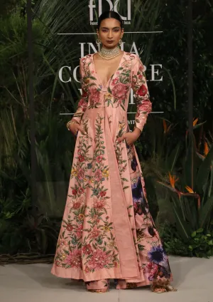 Pink embroidered anarkali and trouser set