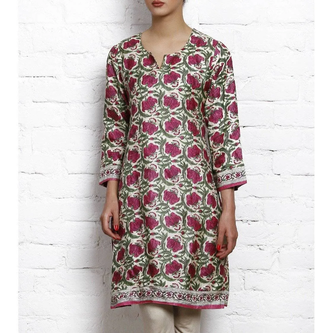 Pink Printed Tussar Silk Kurta