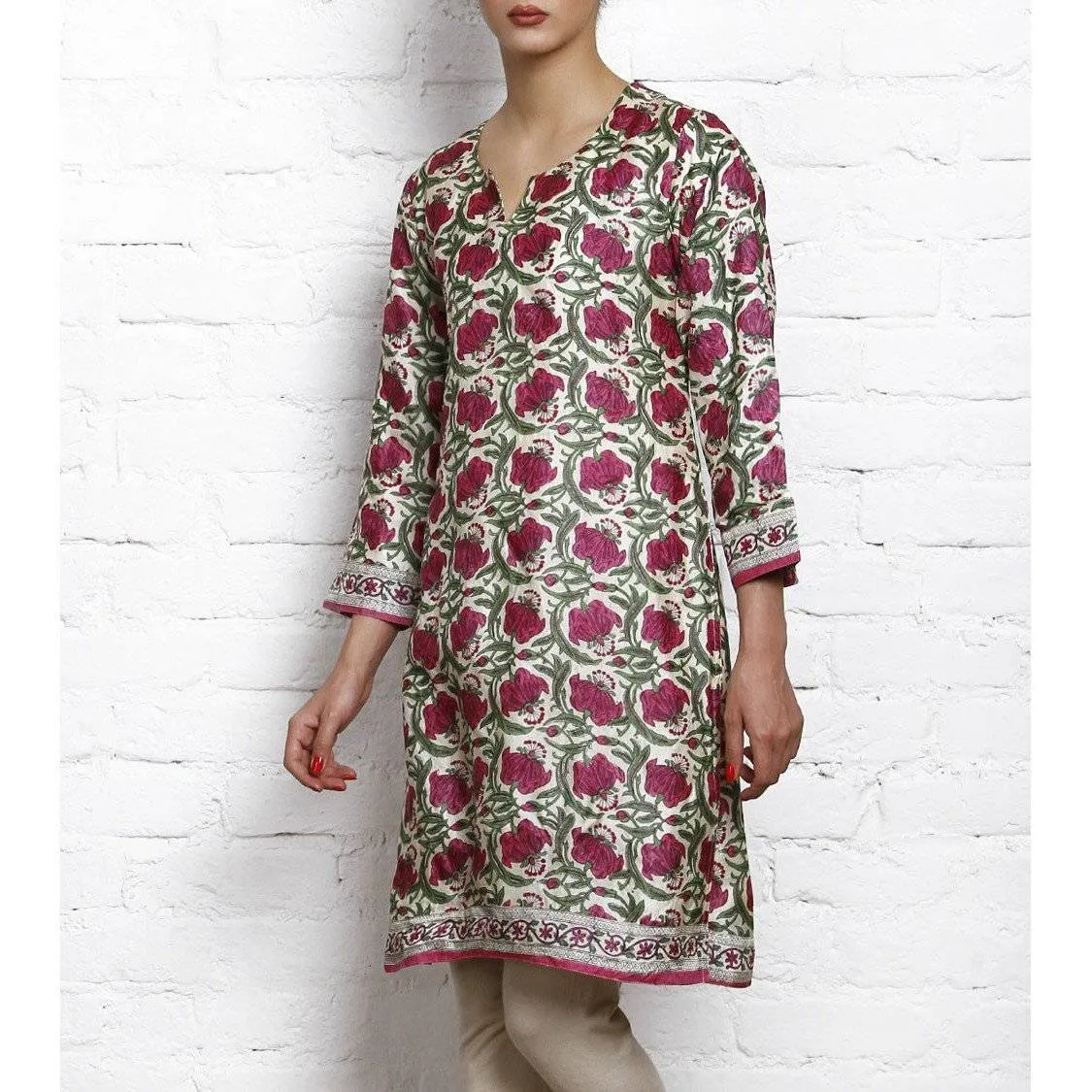 Pink Printed Tussar Silk Kurta