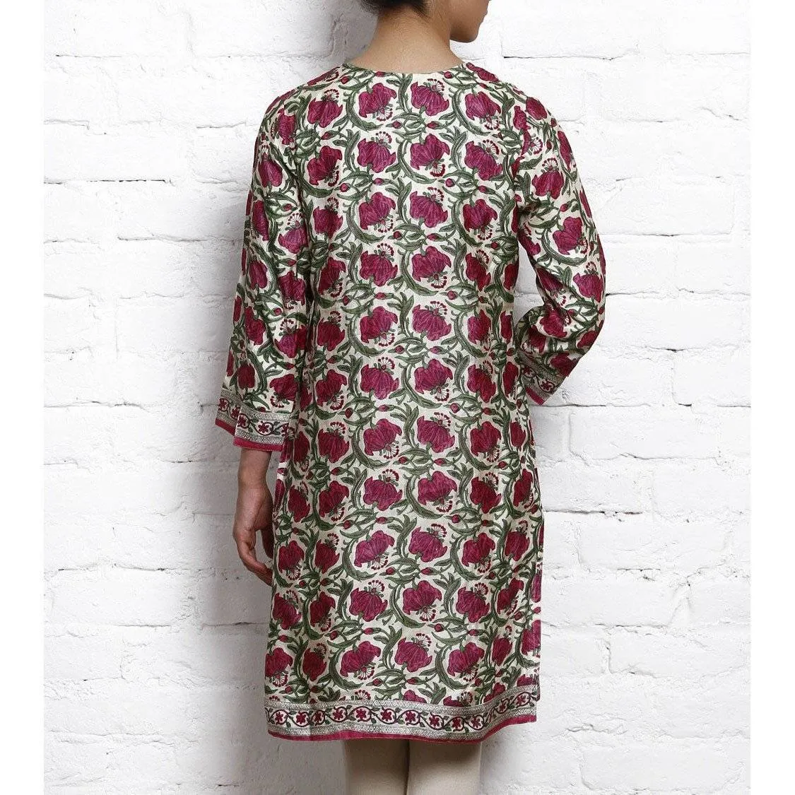 Pink Printed Tussar Silk Kurta