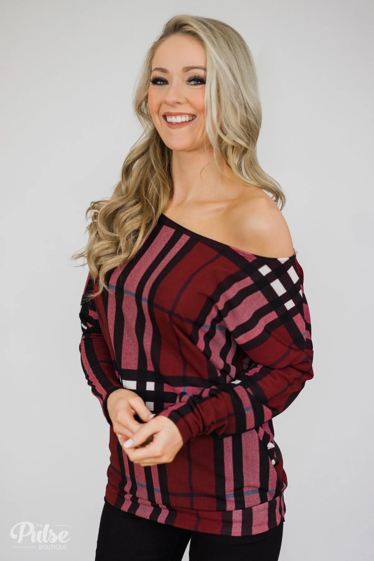Plaid Dolman Long Sleeve Top- Burgundy