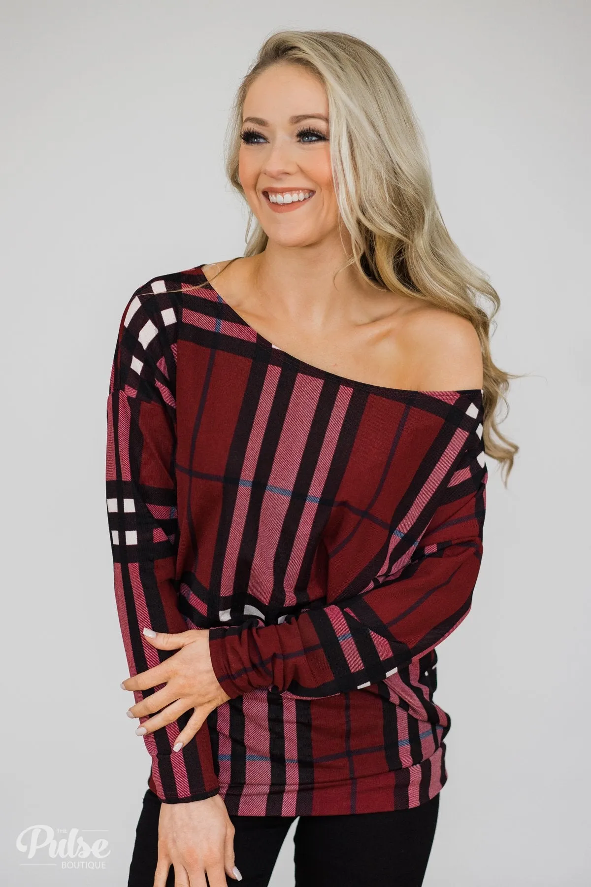 Plaid Dolman Long Sleeve Top- Burgundy