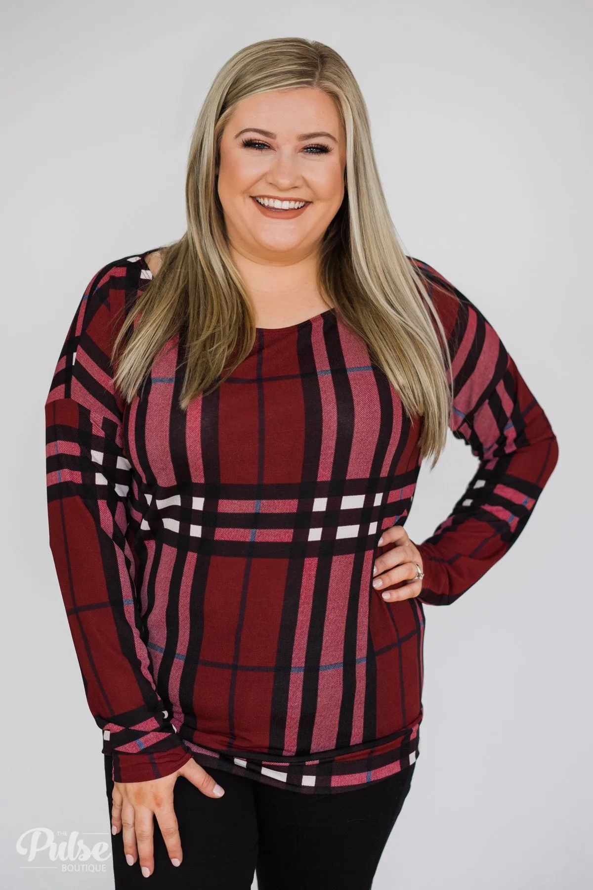 Plaid Dolman Long Sleeve Top- Burgundy