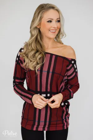 Plaid Dolman Long Sleeve Top- Burgundy