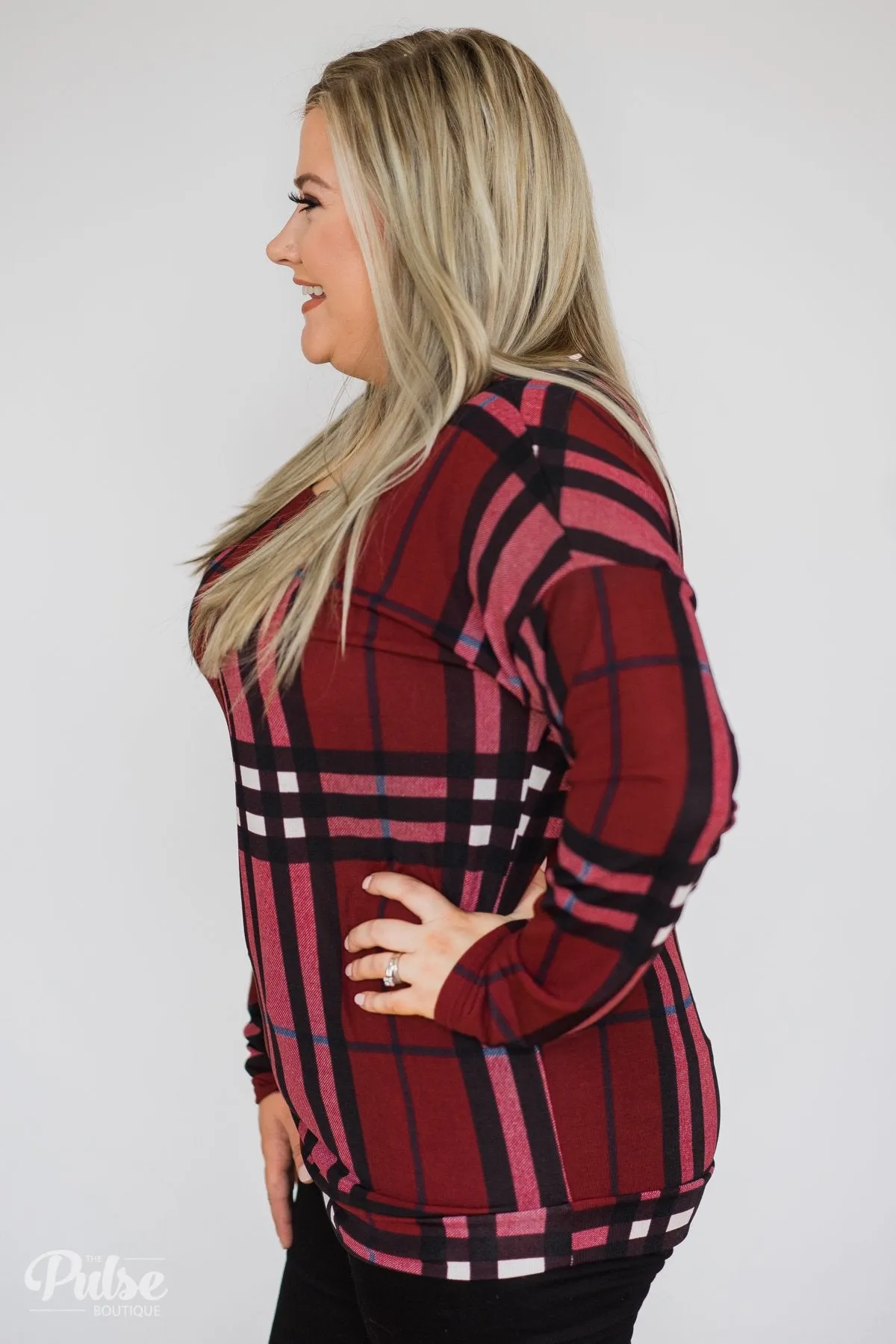Plaid Dolman Long Sleeve Top- Burgundy