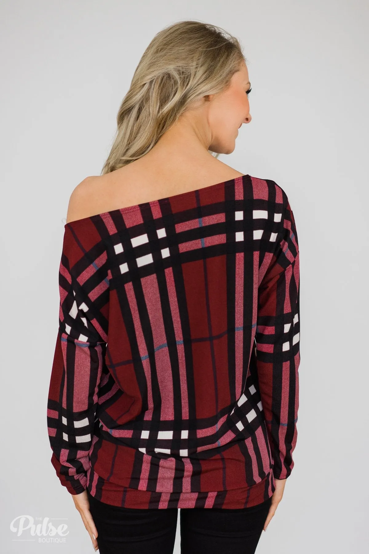 Plaid Dolman Long Sleeve Top- Burgundy