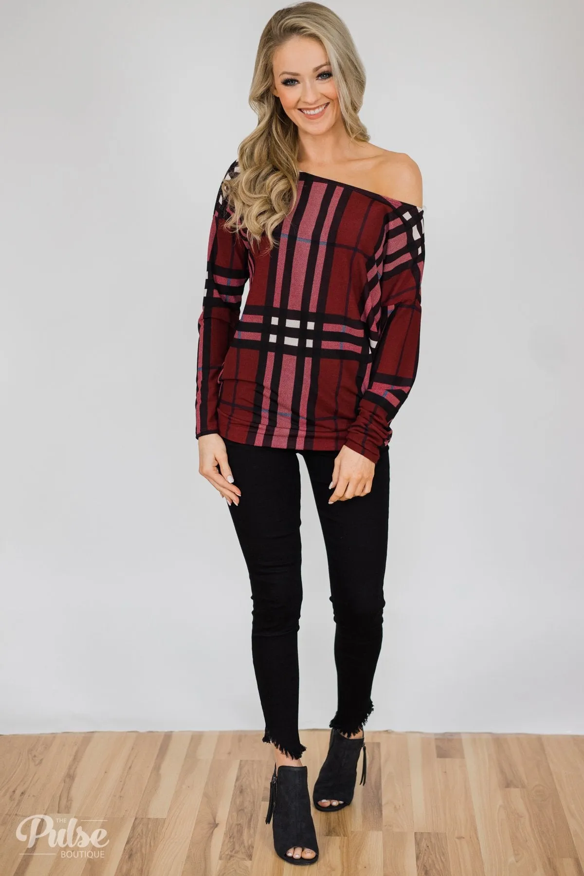 Plaid Dolman Long Sleeve Top- Burgundy