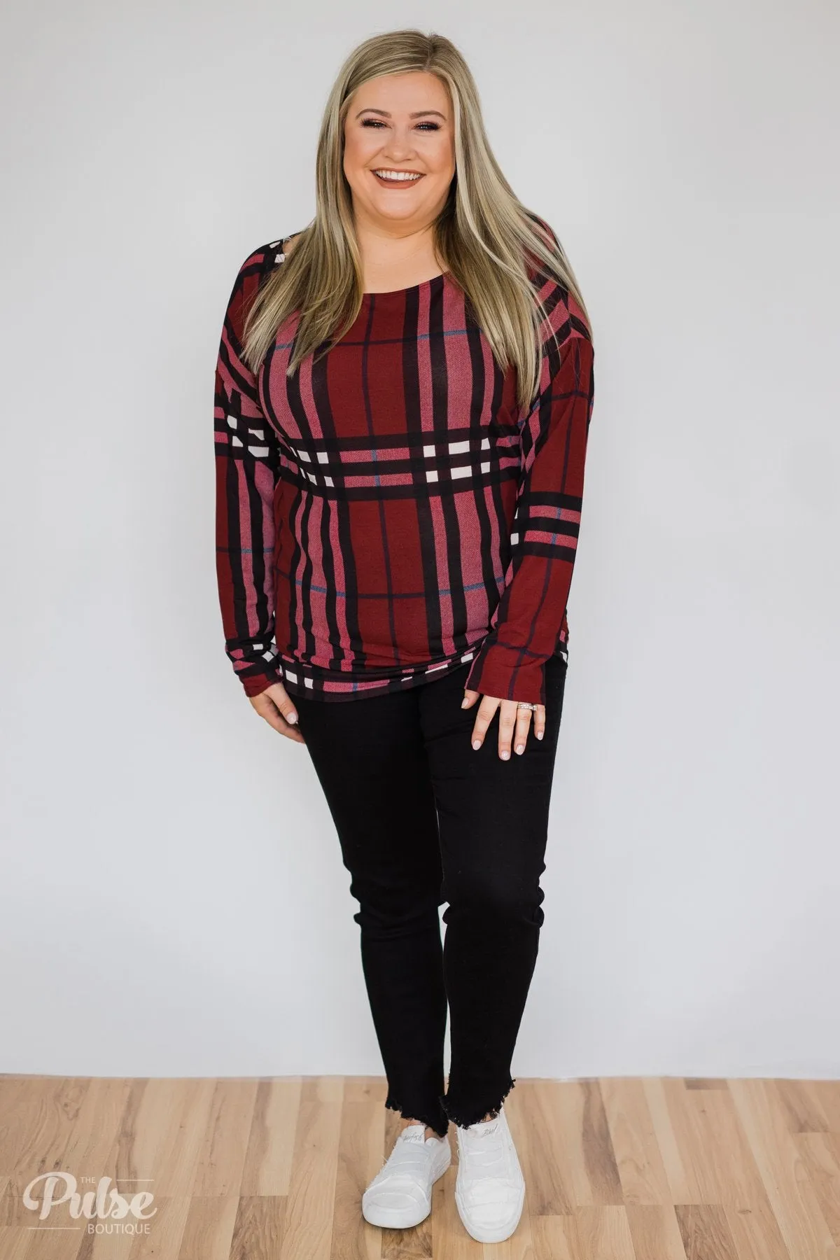 Plaid Dolman Long Sleeve Top- Burgundy