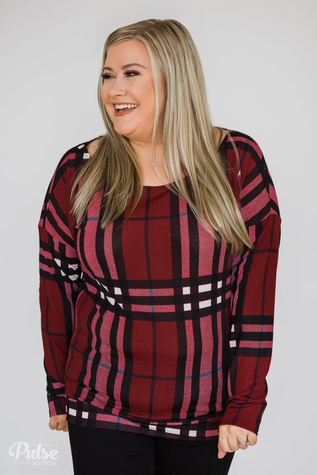 Plaid Dolman Long Sleeve Top- Burgundy