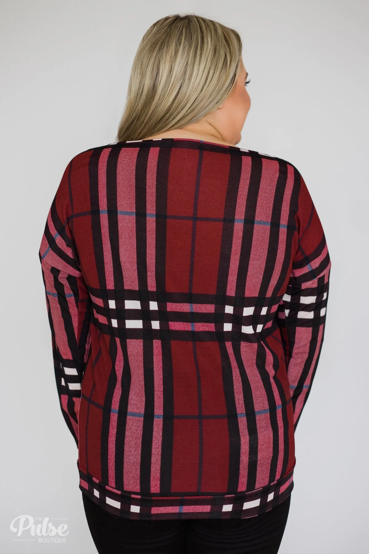 Plaid Dolman Long Sleeve Top- Burgundy
