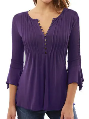 Pleated V-neck Flared Sleeve Plain Color Blouse For Women