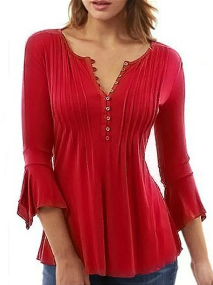 Pleated V-neck Flared Sleeve Plain Color Blouse For Women