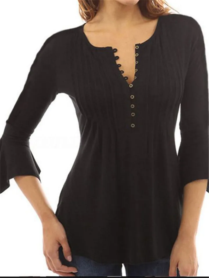 Pleated V-neck Flared Sleeve Plain Color Blouse For Women