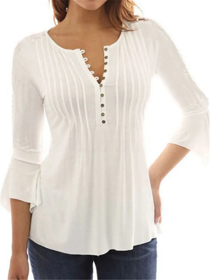 Pleated V-neck Flared Sleeve Plain Color Blouse For Women
