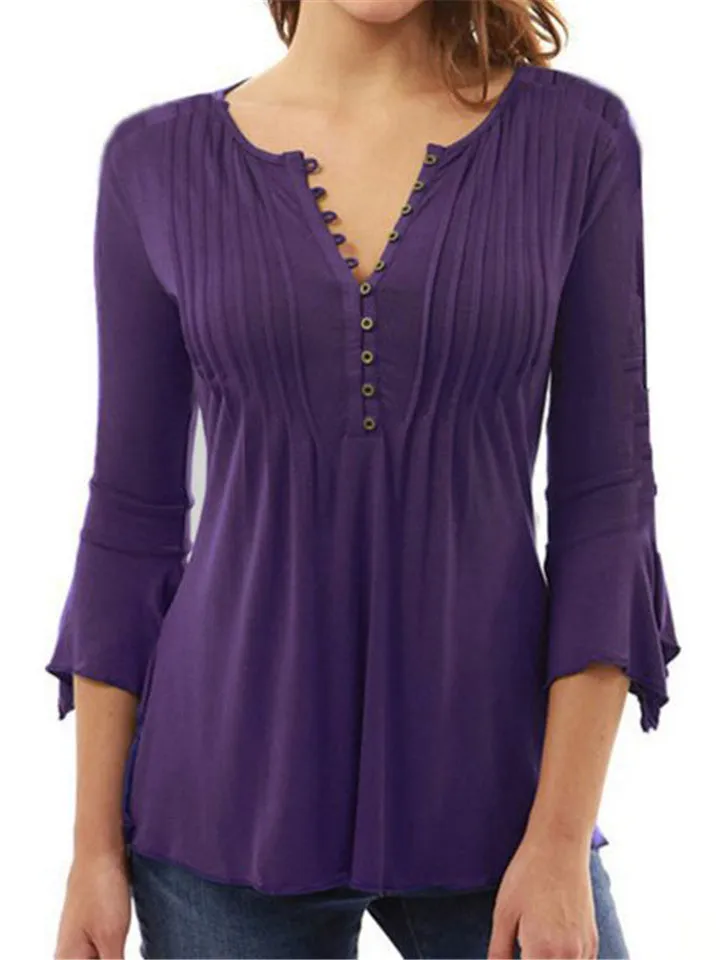 Pleated V-neck Flared Sleeve Plain Color Blouse For Women