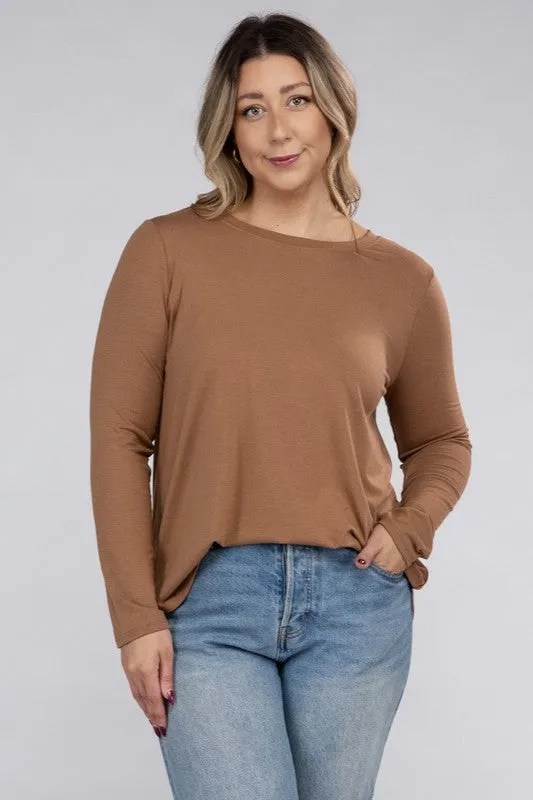 Plus Long Sleeve Round Neck Round Hem Top
