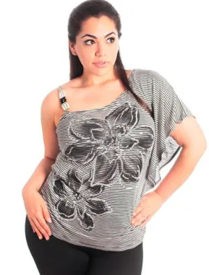 Plus Size One Shoulder Jewelry Strap Stripe Top