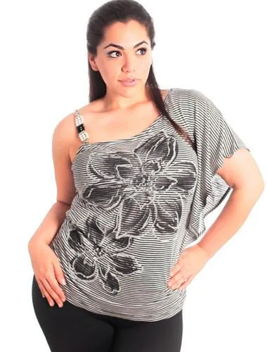 Plus Size One Shoulder Jewelry Strap Stripe Top