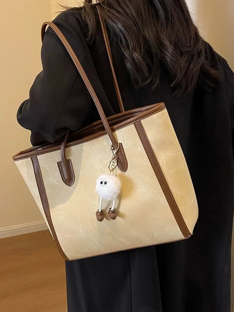 Plush Keychain Leather Trim Tote Bag
