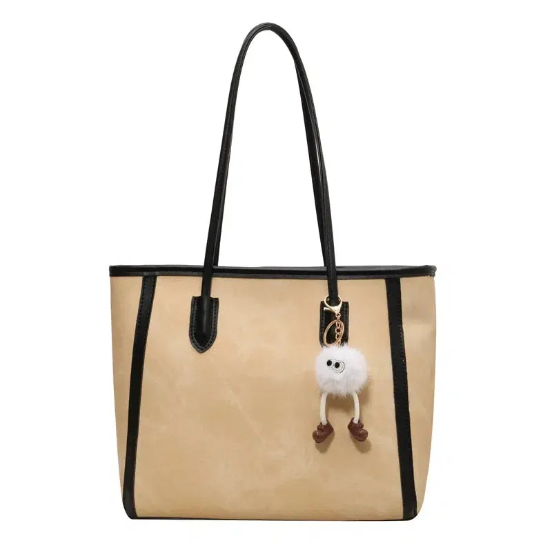 Plush Keychain Leather Trim Tote Bag