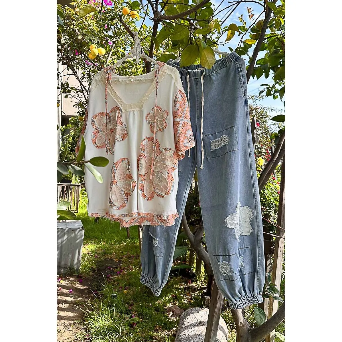 POL Floral patch hoodie short Top OFF WHITE