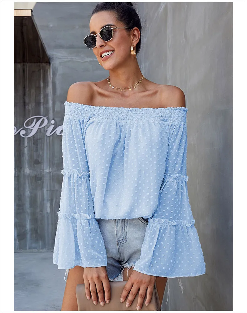 Polka Dot Off The Shoulder Trumpet Sleeve Loose Shirt