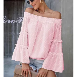 Polka Dot Off The Shoulder Trumpet Sleeve Loose Shirt