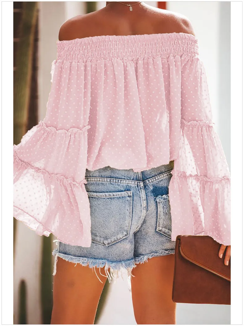 Polka Dot Off The Shoulder Trumpet Sleeve Loose Shirt