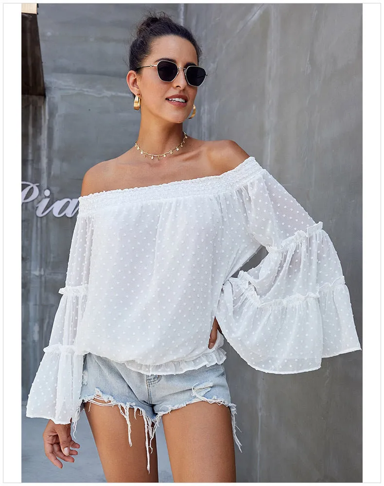 Polka Dot Off The Shoulder Trumpet Sleeve Loose Shirt