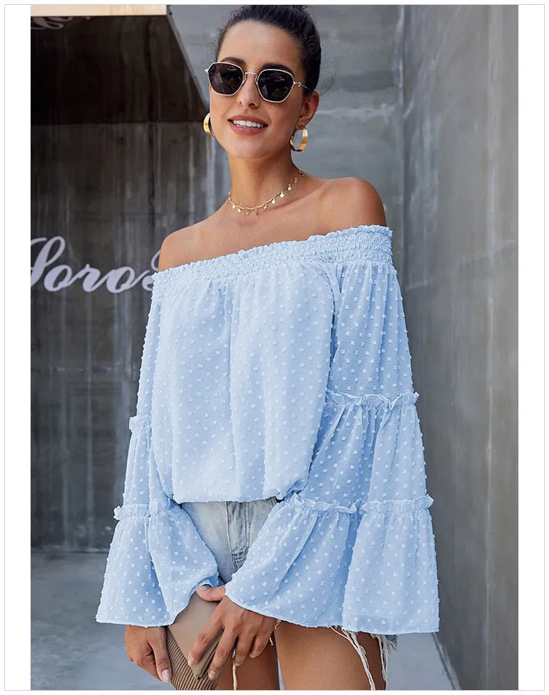 Polka Dot Off The Shoulder Trumpet Sleeve Loose Shirt