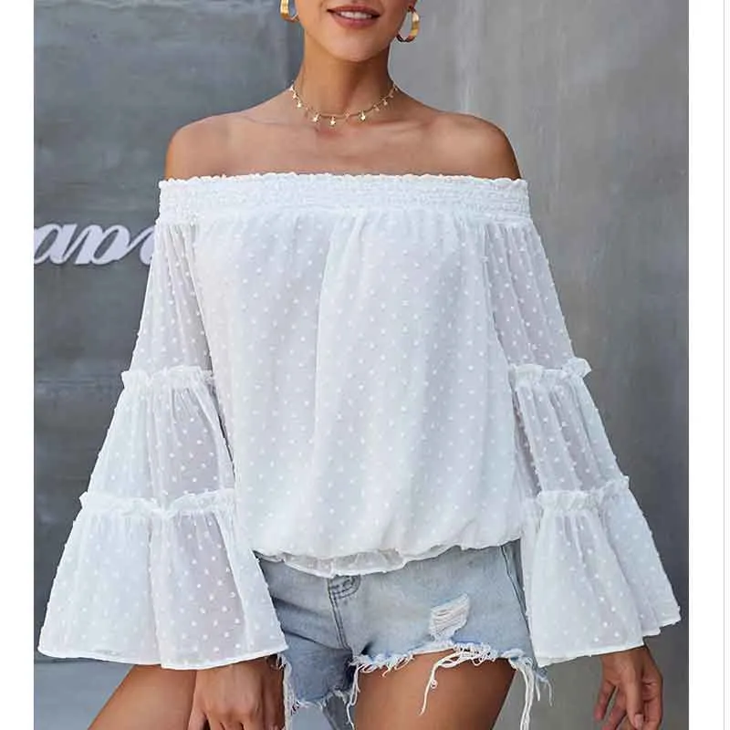 Polka Dot Off The Shoulder Trumpet Sleeve Loose Shirt