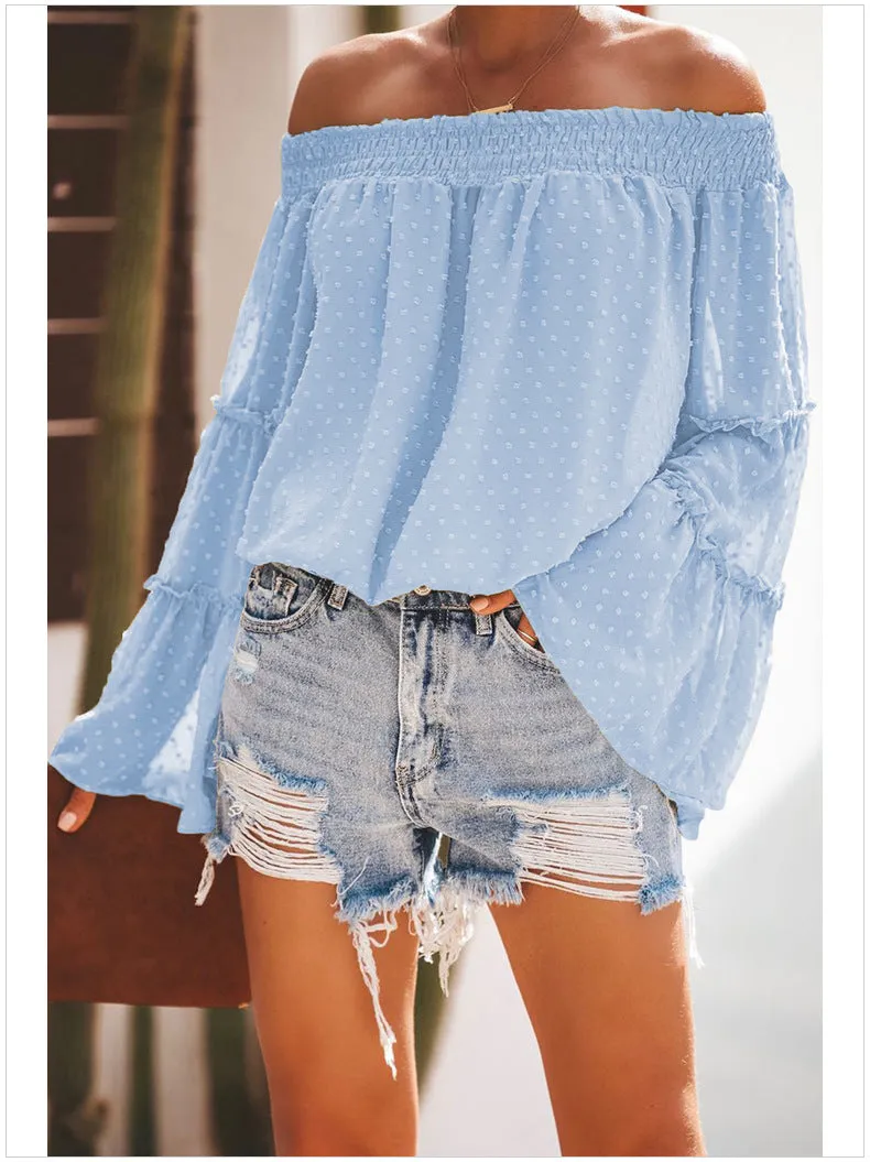 Polka Dot Off The Shoulder Trumpet Sleeve Loose Shirt