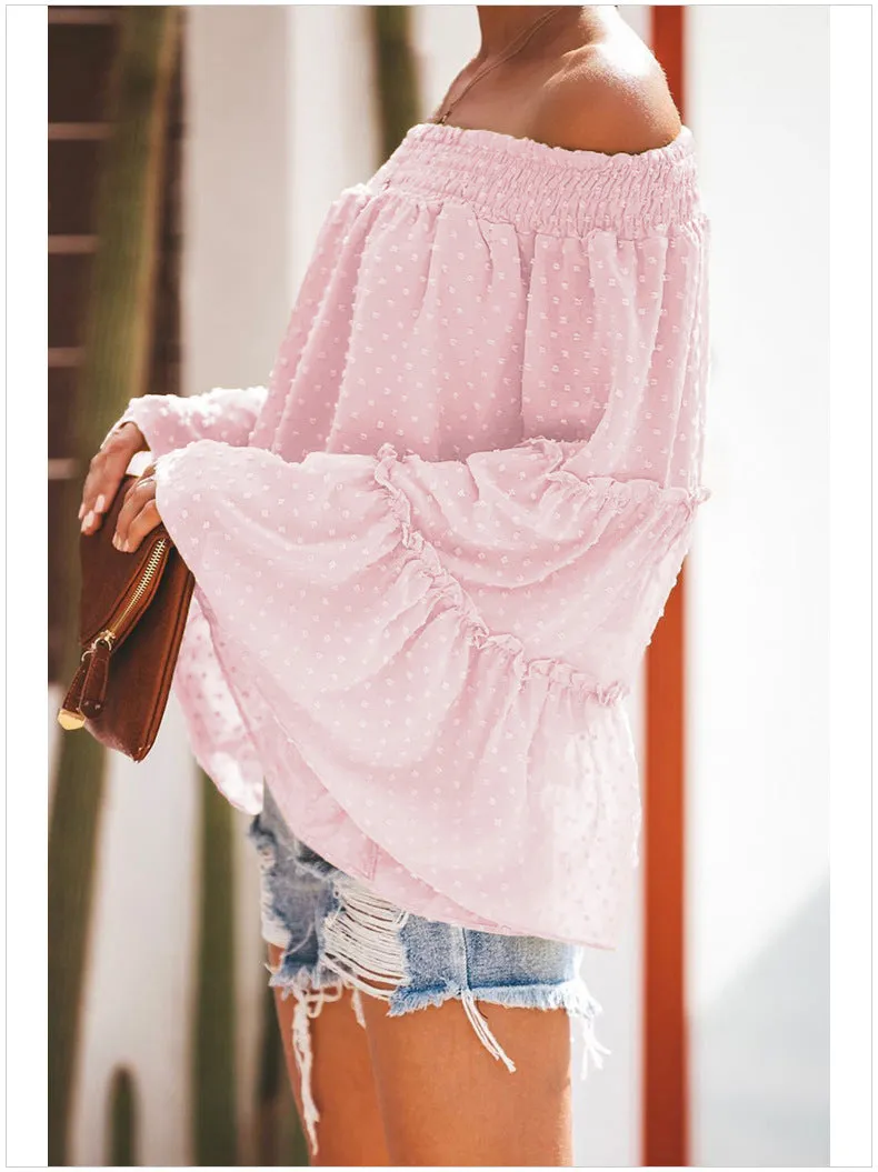 Polka Dot Off The Shoulder Trumpet Sleeve Loose Shirt