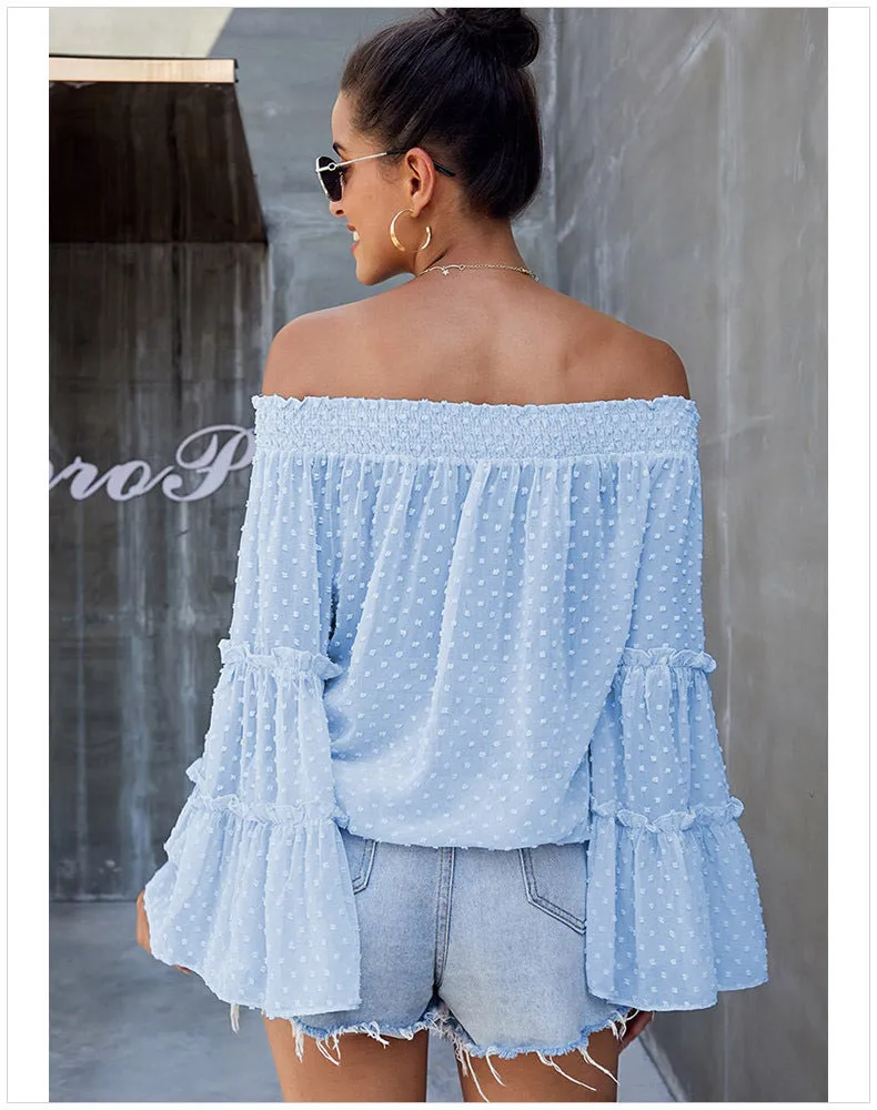 Polka Dot Off The Shoulder Trumpet Sleeve Loose Shirt