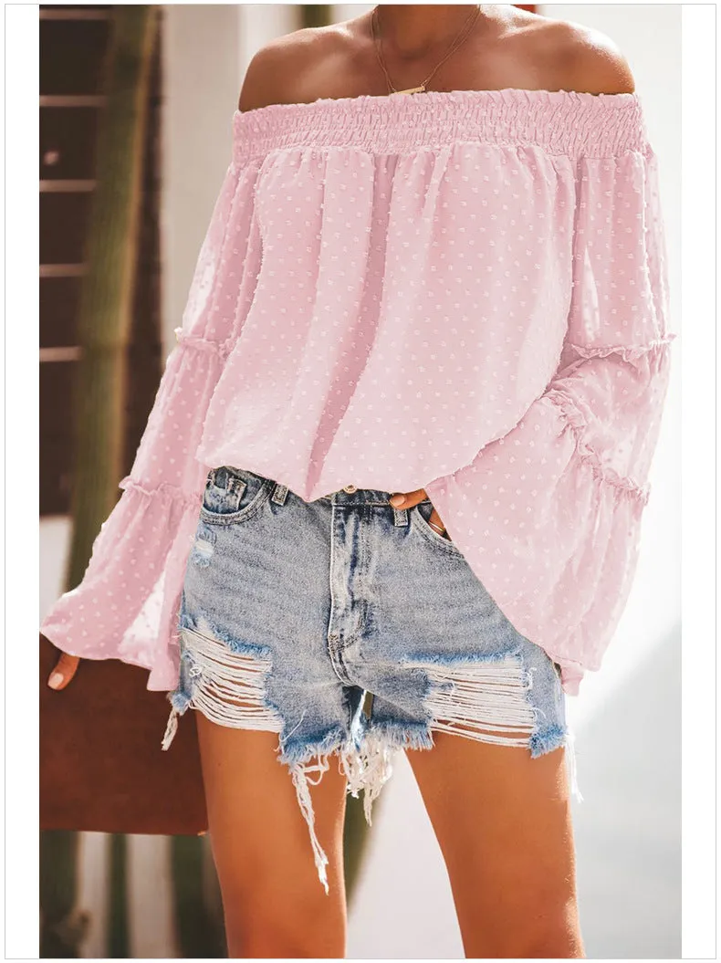 Polka Dot Off The Shoulder Trumpet Sleeve Loose Shirt