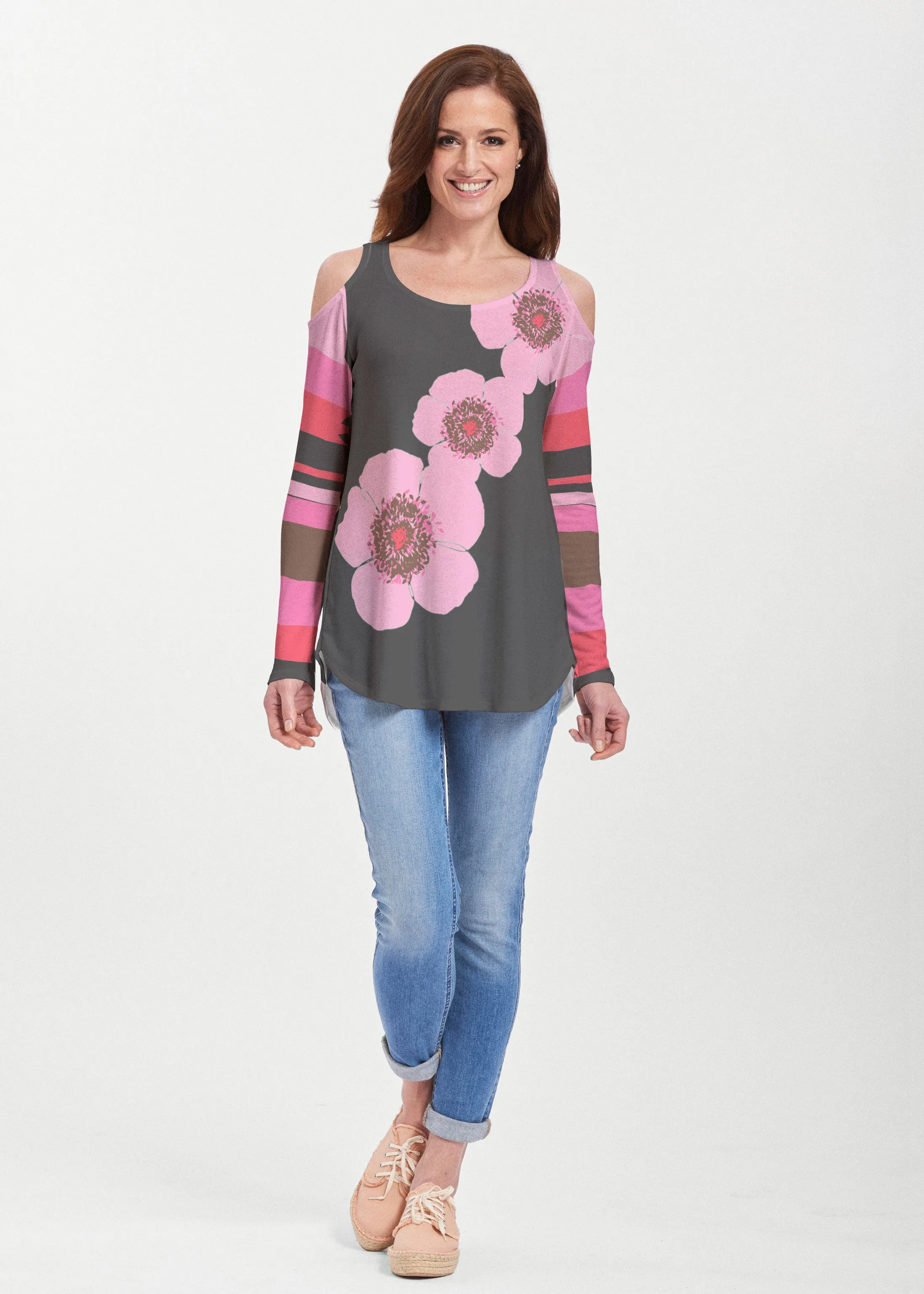 Poppy Black Stripes (7100) ~ Butterknit Cold Shoulder Tunic