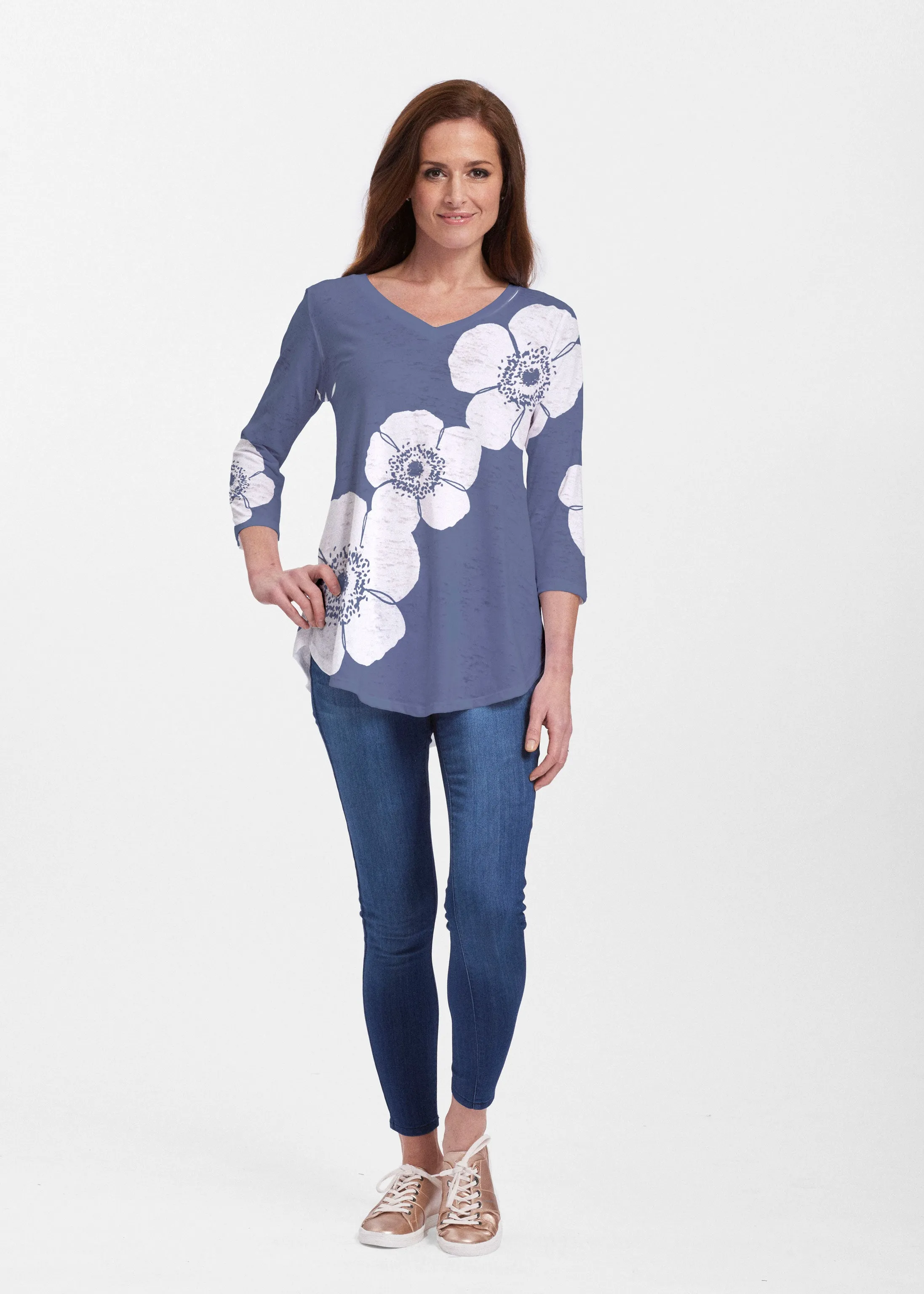 Poppy Navy (7013) ~ Signature V-neck Flowy Tunic