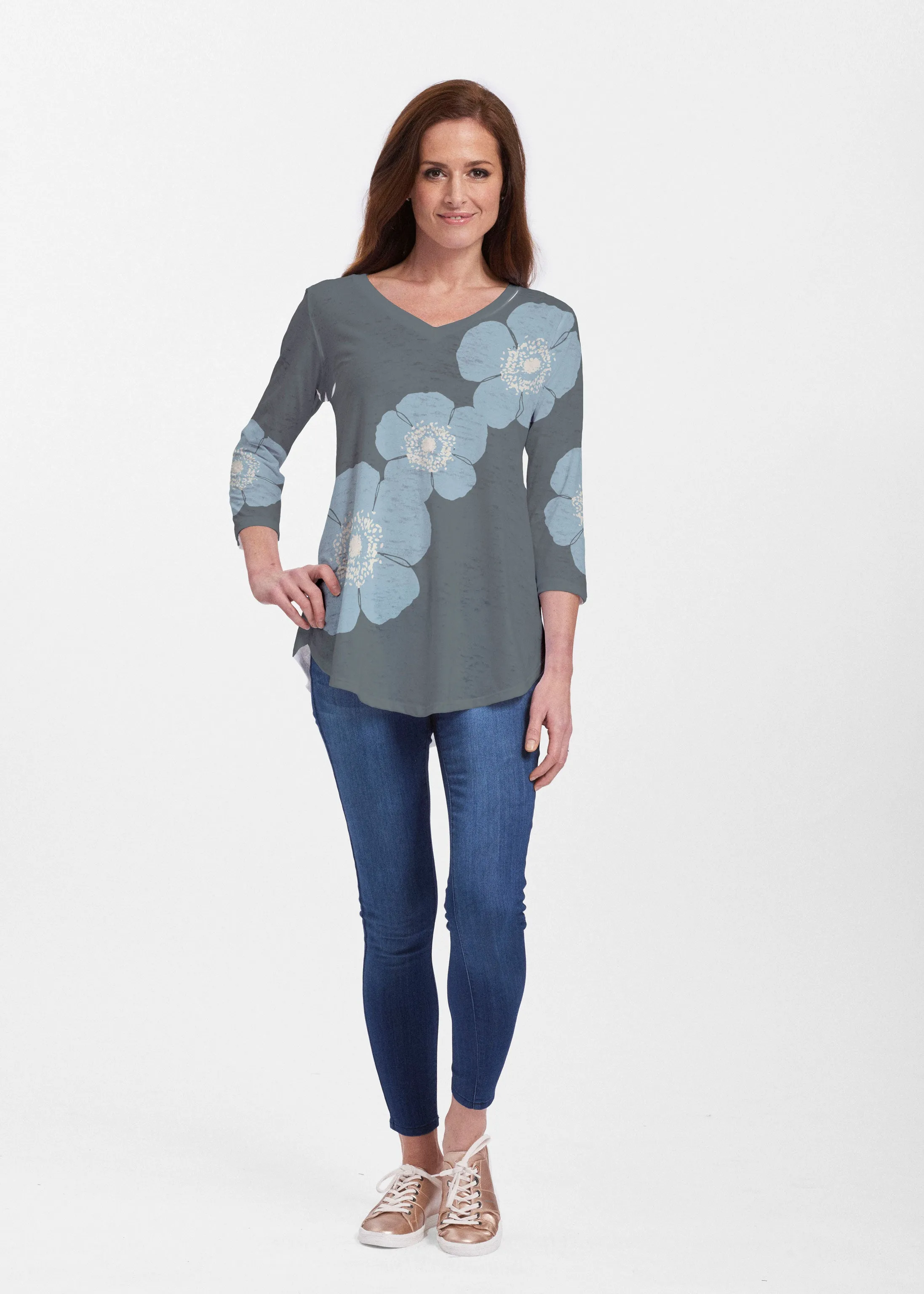 Poppy SteelBlue-Grey (7066) ~ Signature V-neck Flowy Tunic