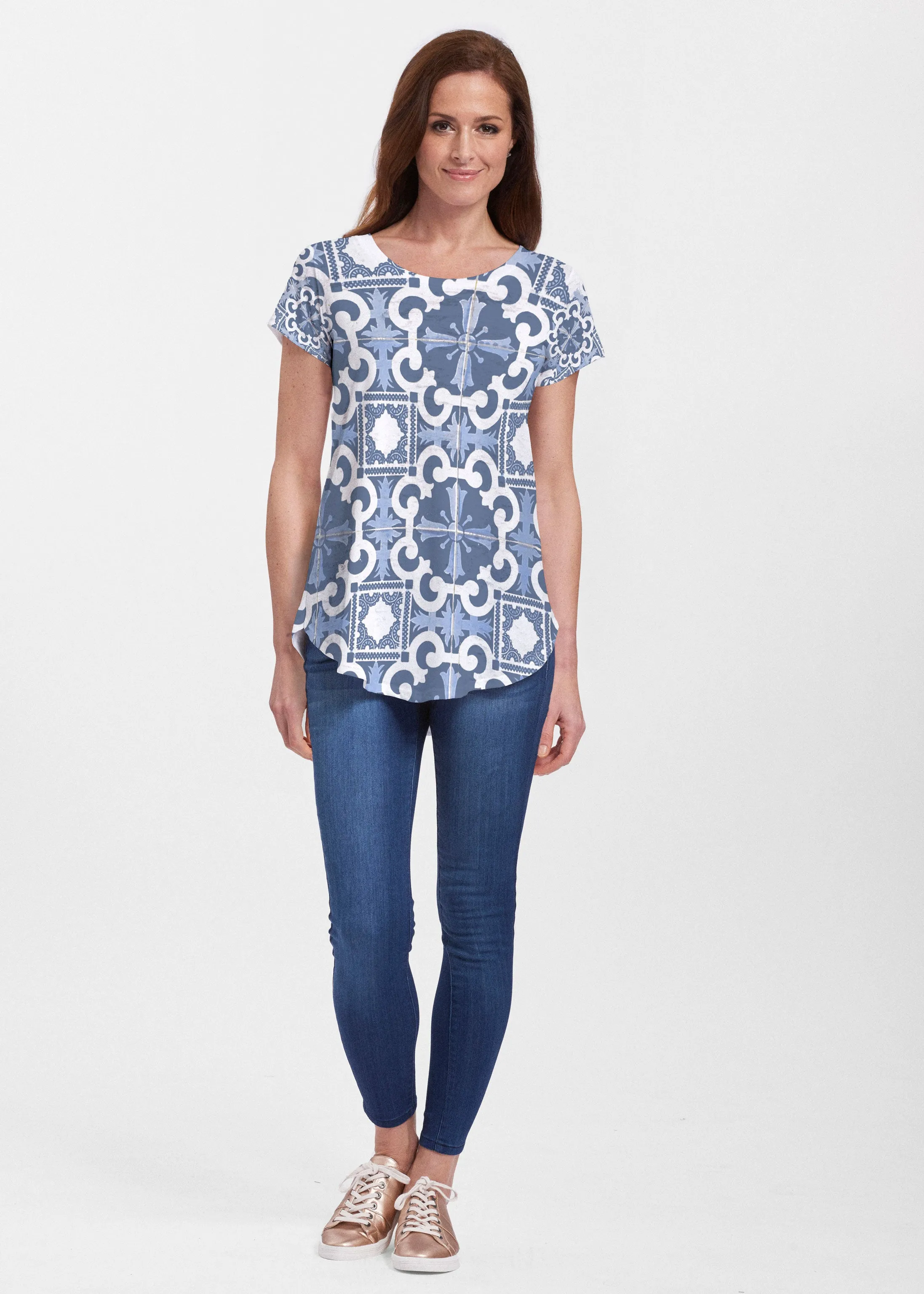 Portuguese Blue (25004) ~ Signature Short Sleeve Scoop Neck Flowy Tunic