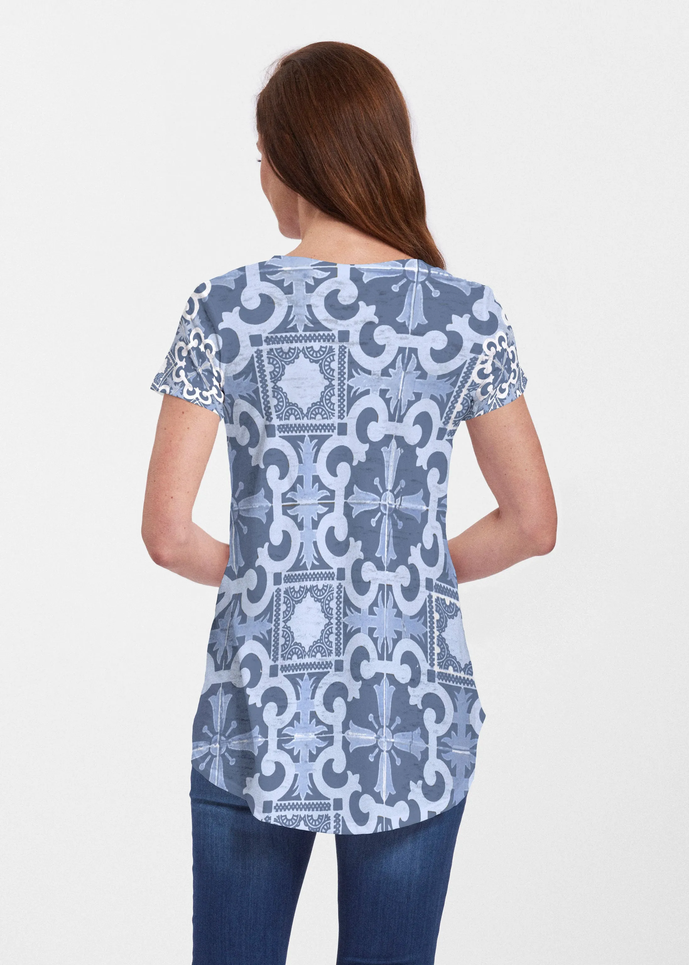 Portuguese Blue (25004) ~ Signature Short Sleeve Scoop Neck Flowy Tunic