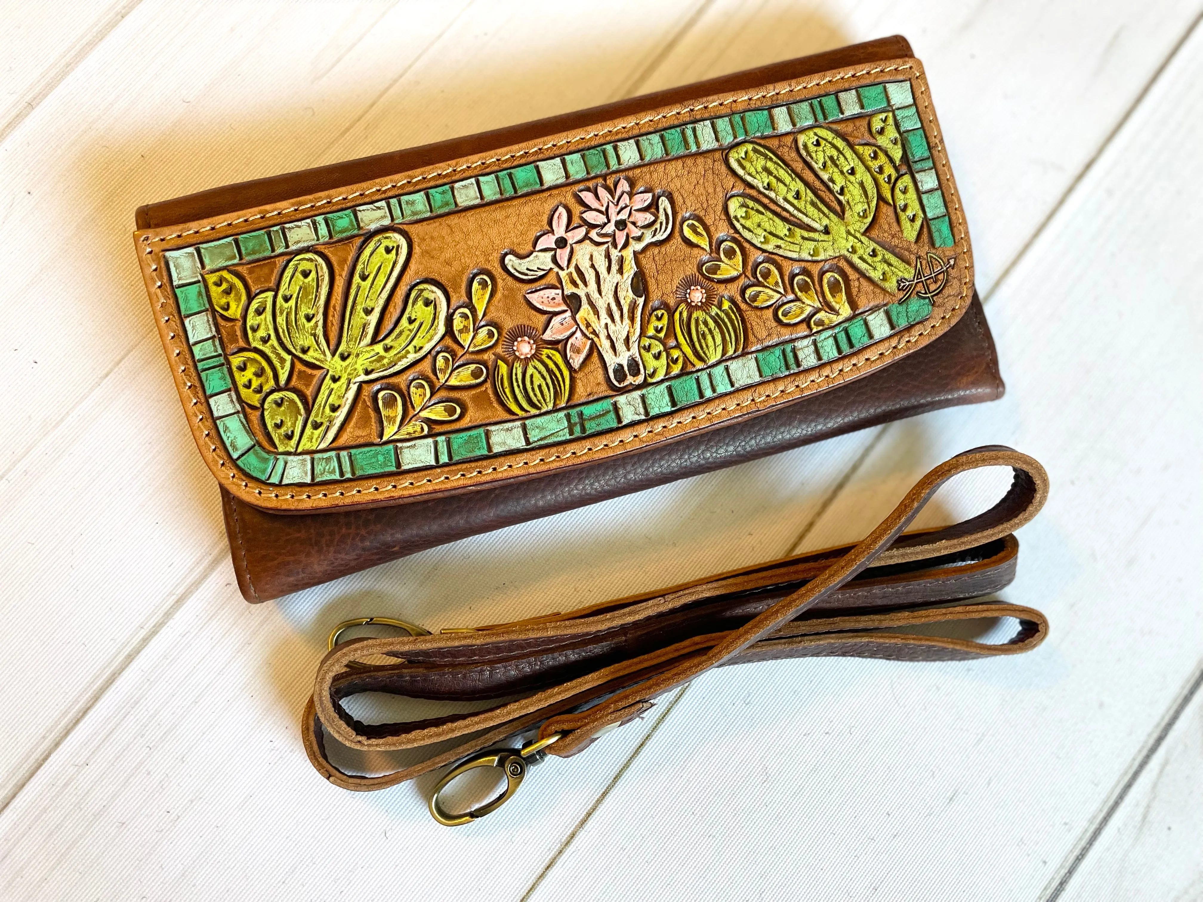 Powell Tooled Painted Leather Wallets with Purse Strap