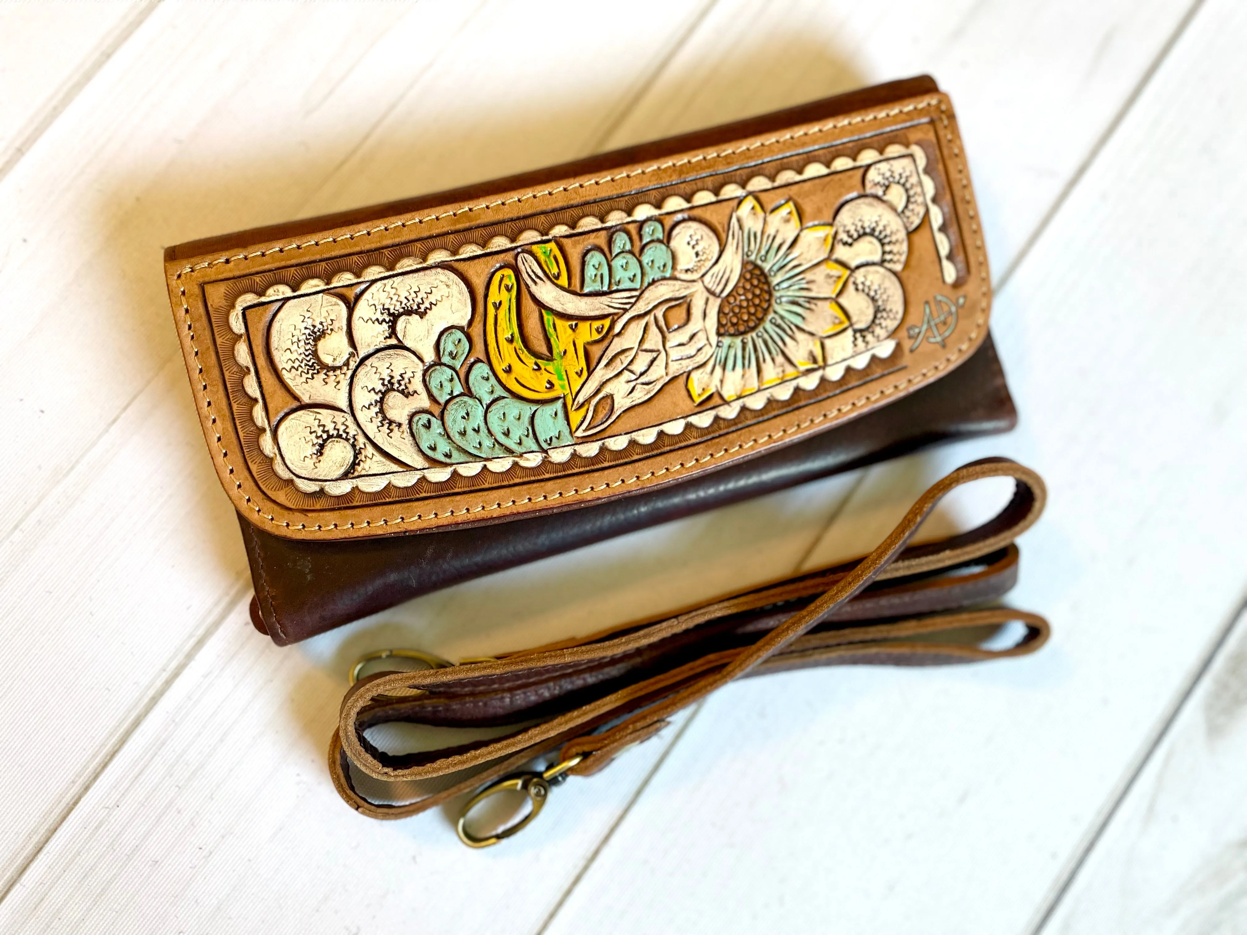 Powell Tooled Painted Leather Wallets with Purse Strap