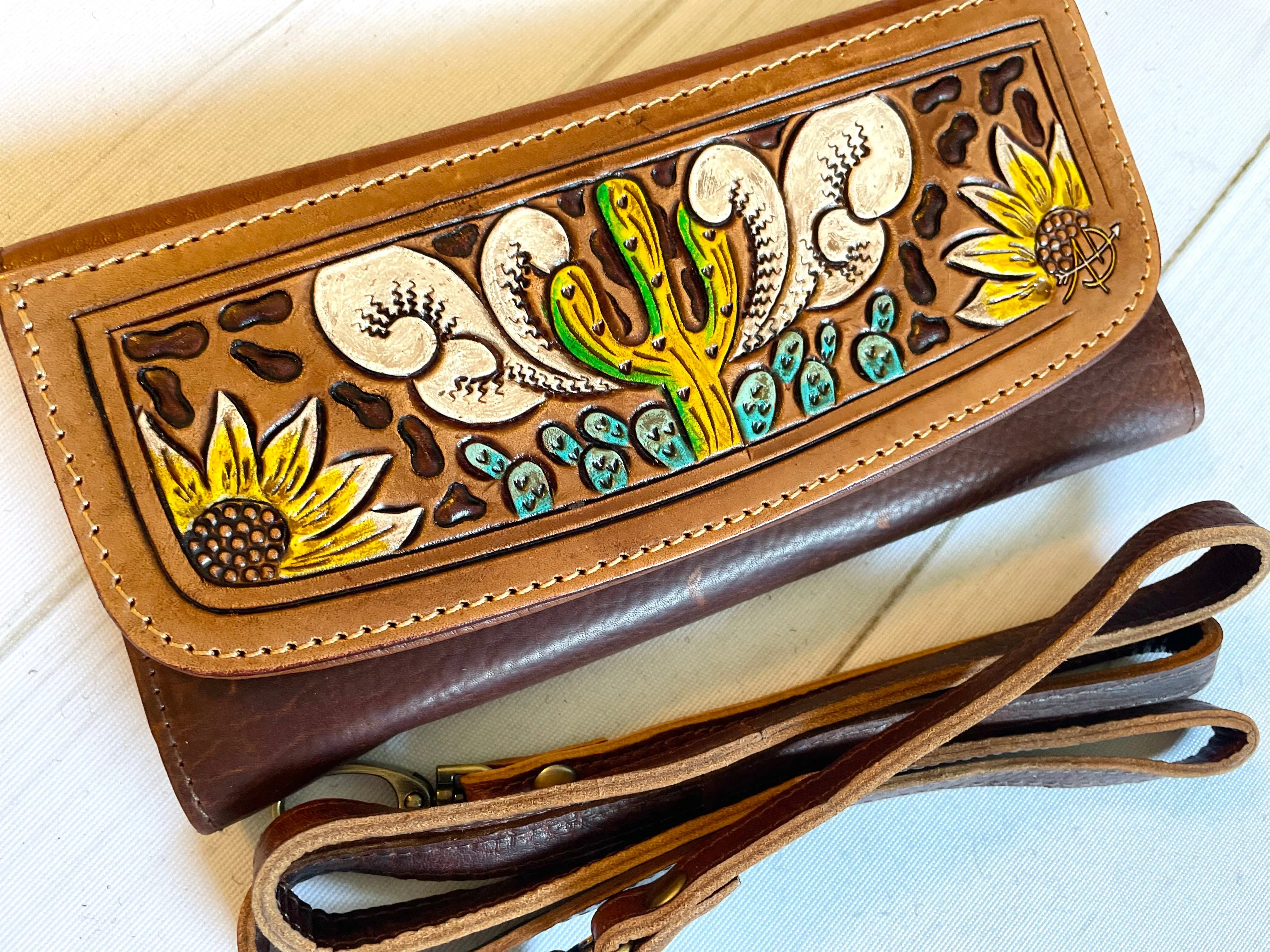 Powell Tooled Painted Leather Wallets with Purse Strap