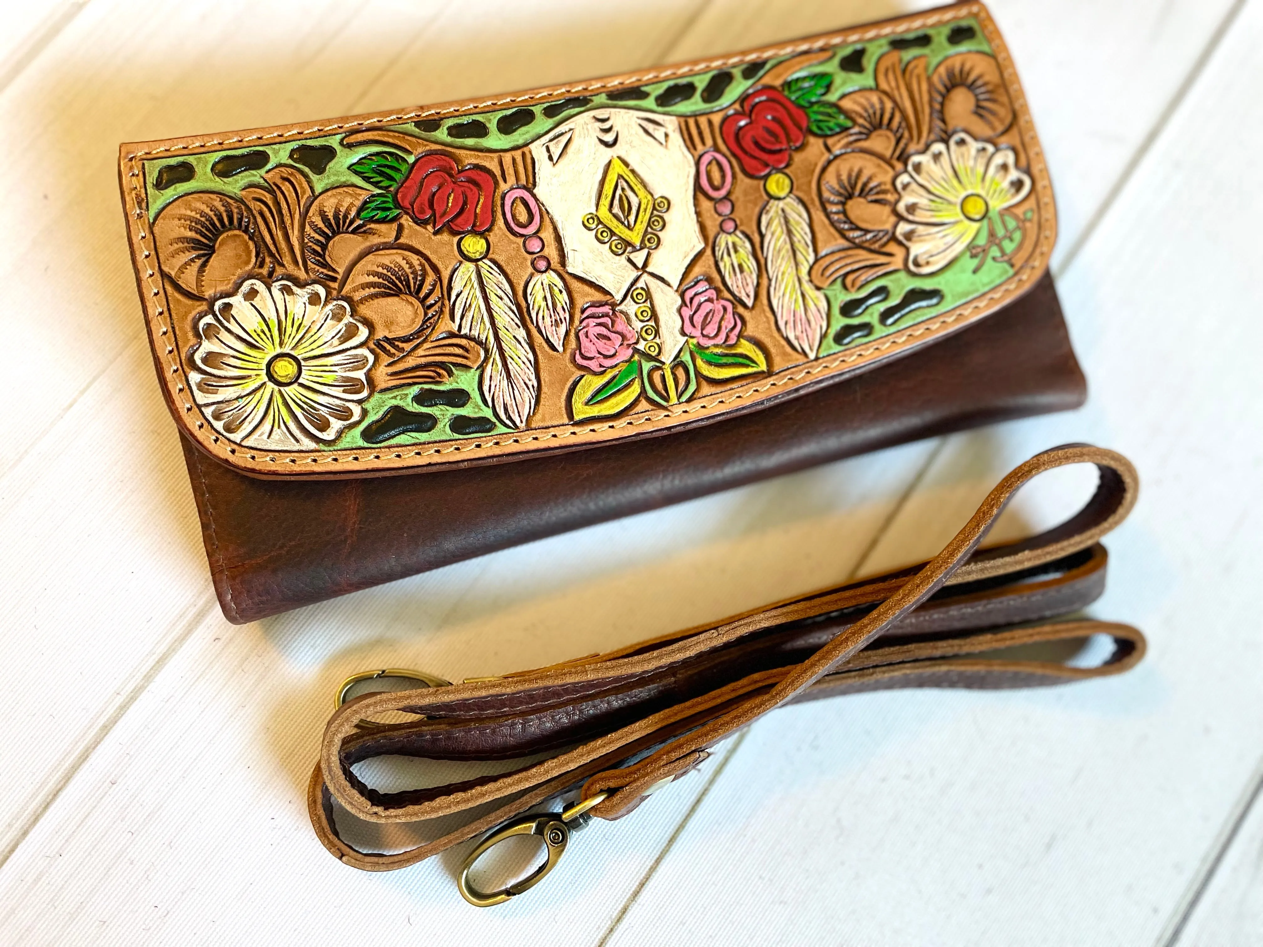 Powell Tooled Painted Leather Wallets with Purse Strap